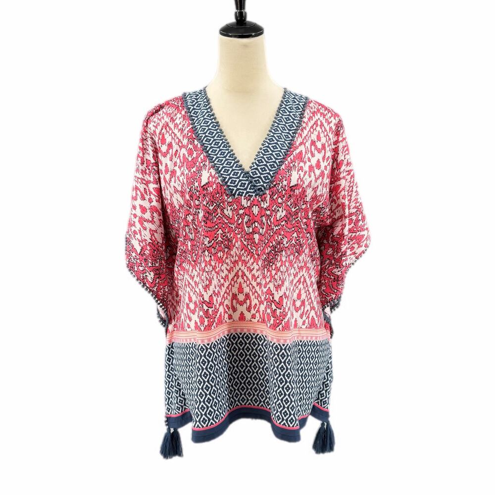Jade S/M Melody Tam Pink Navy Pattern Boho Tassel V-neck Short Sleeve Poncho Top